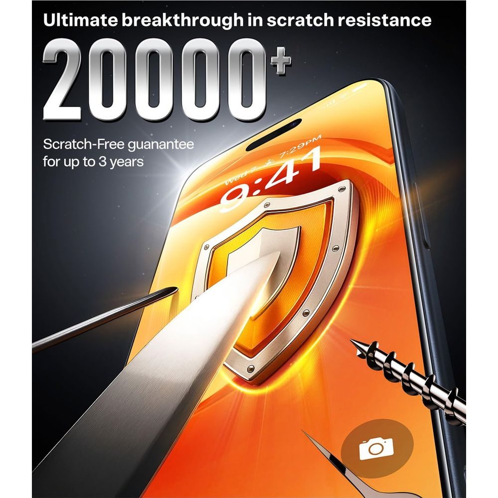 Schermo telefono con icona scudo resiste coltello e vite. Testo: 20000+ resistenza.
