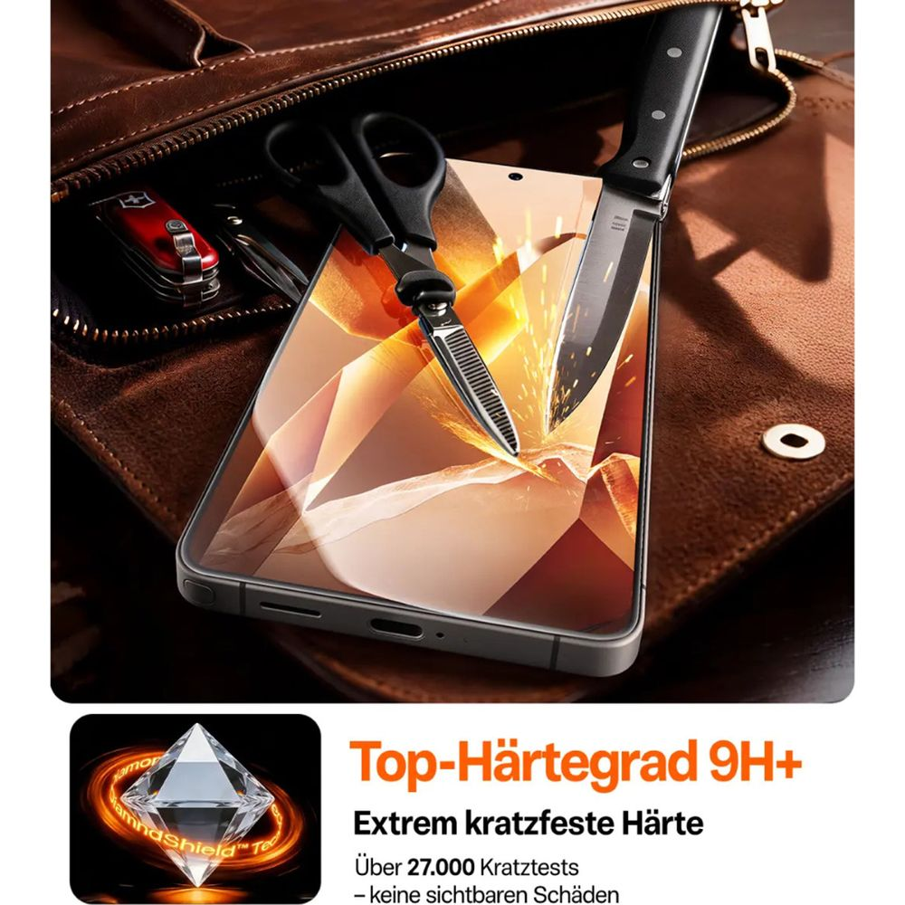 Un smartphone con un cuchillo y tijeras, dentro de un bolso de cuero.