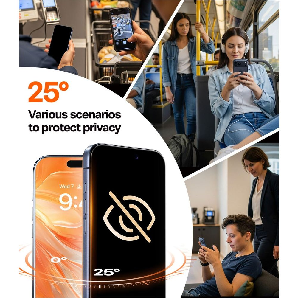 Varios escenarios para proteger la privacidad: personas en autobús, tienda, oficina.