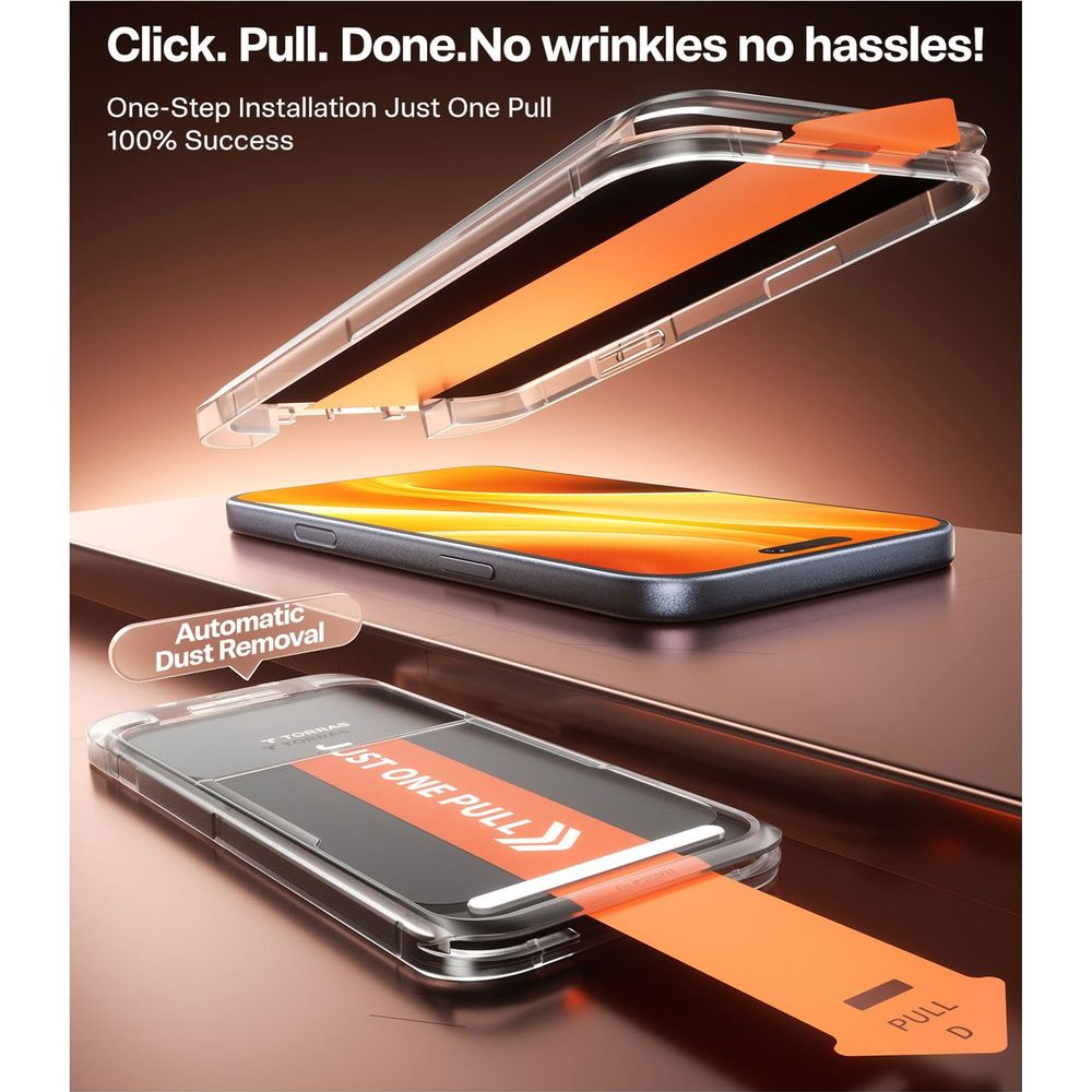 Protector de pantalla aplicándose a un teléfono con pestaña naranja.