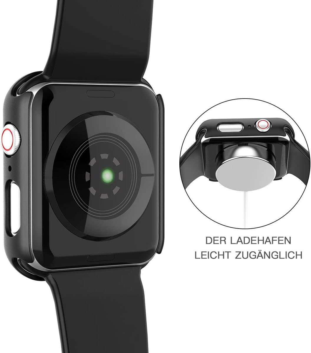 Reloj inteligente negro con cargador. El puerto de carga es de fácil acceso.