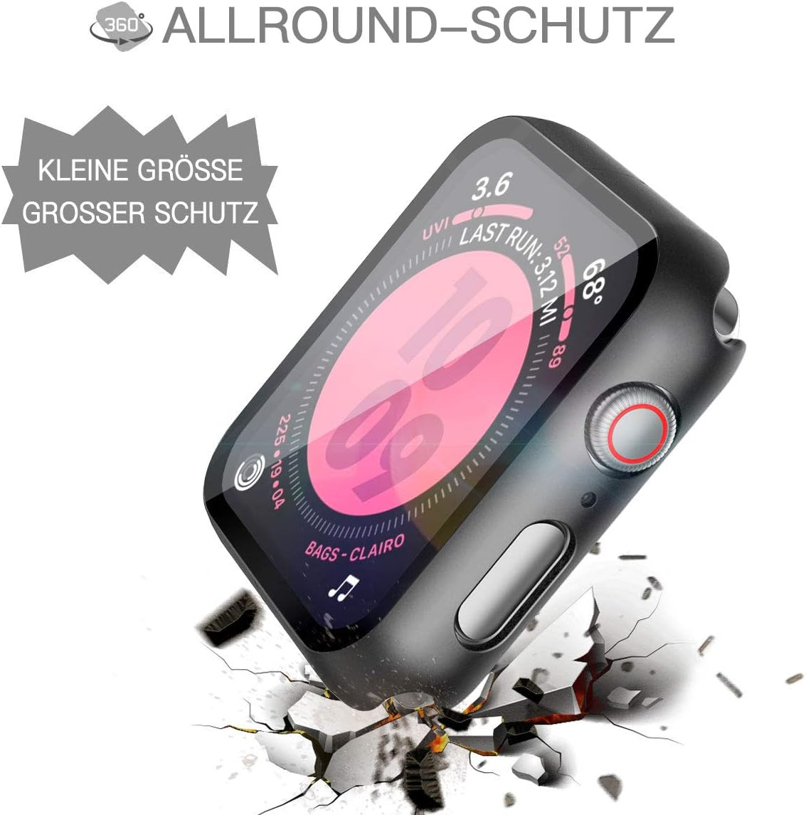 Protector de reloj inteligente negro sobre suelo agrietado. "Allround-Schutz".