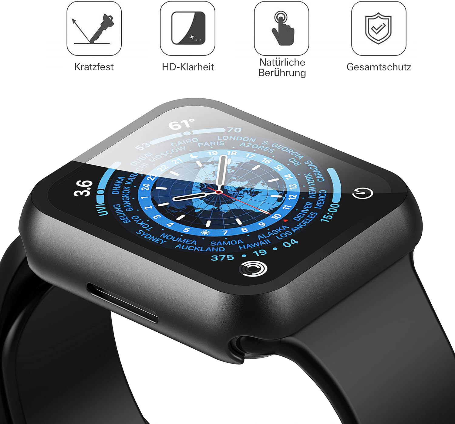 Un reloj inteligente negro que muestra zonas horarias mundiales e información meteorológica.
