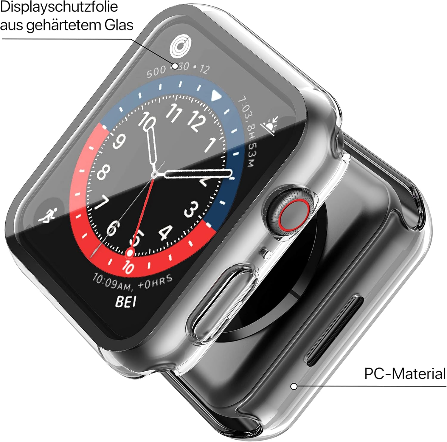 Funda transparente de PC para un smartwatch con esfera colorida.