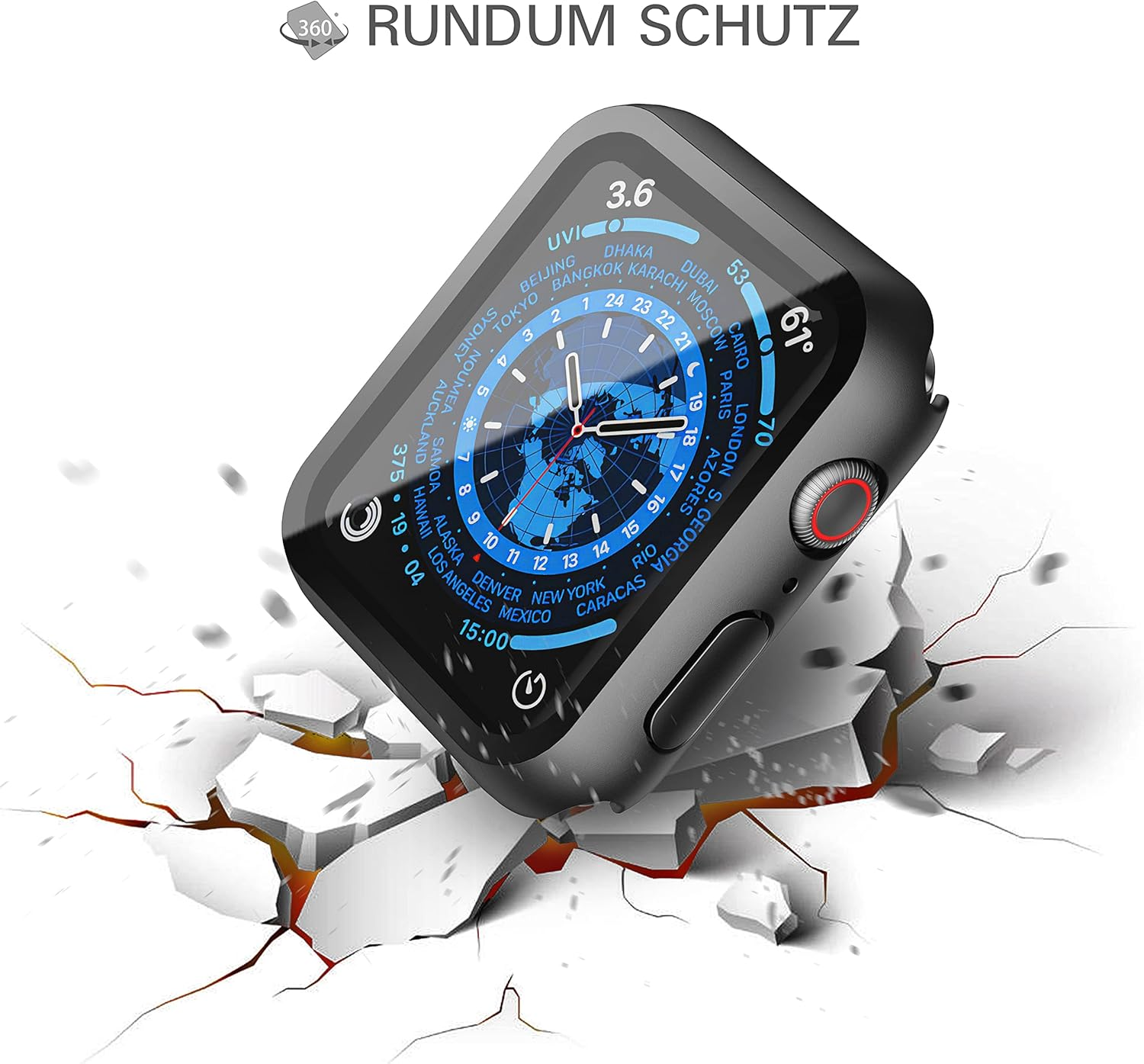 Reloj inteligente gris sobre suelo agrietado, muestra hora mundial y clima.