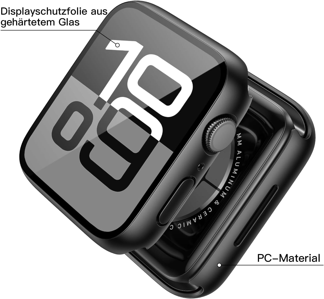 Reloj inteligente negro con protector de pantalla de vidrio templado y carcasa de PC.