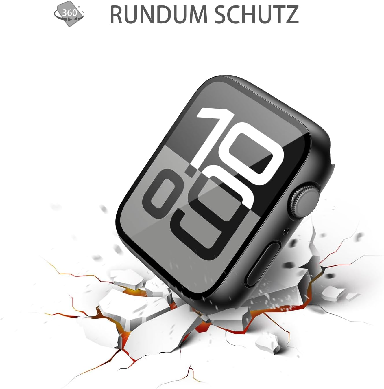 Pantalla de smartwatch negro muestra 10:09, rompiendo superficie blanca.