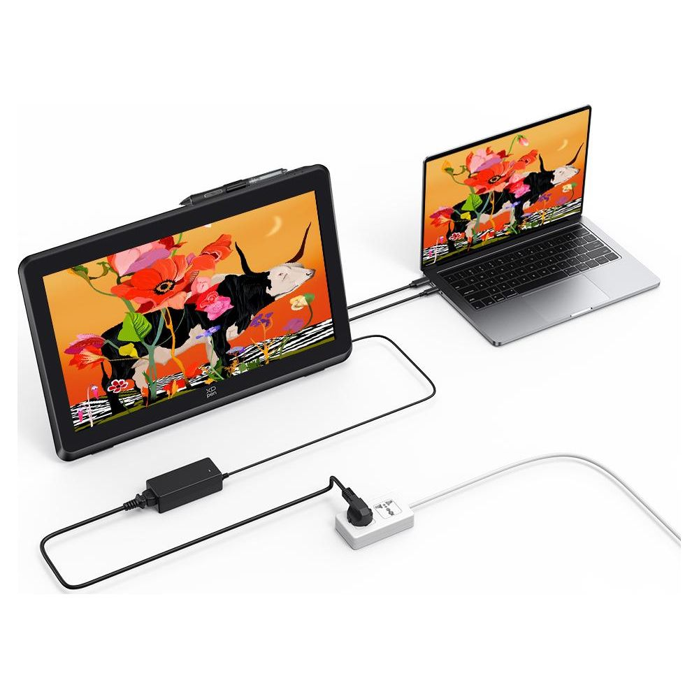 Ein Grafiktablett und ein Laptop zeigen bunte Kunst, verbunden durch Kabel.