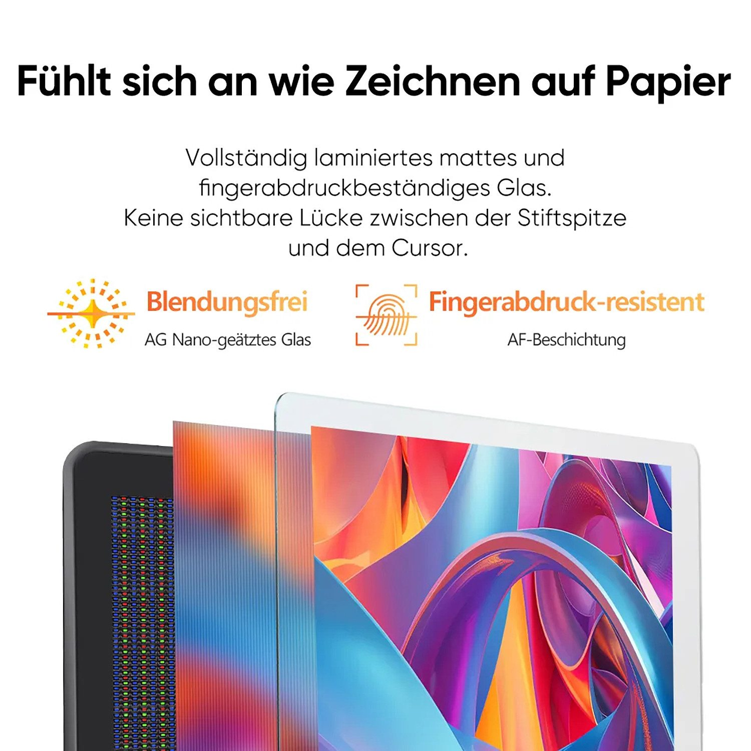 Schichtaufbau eines Displays mit matten, blendfreien und fingerabdruckresistenten Glaseigenschaften.