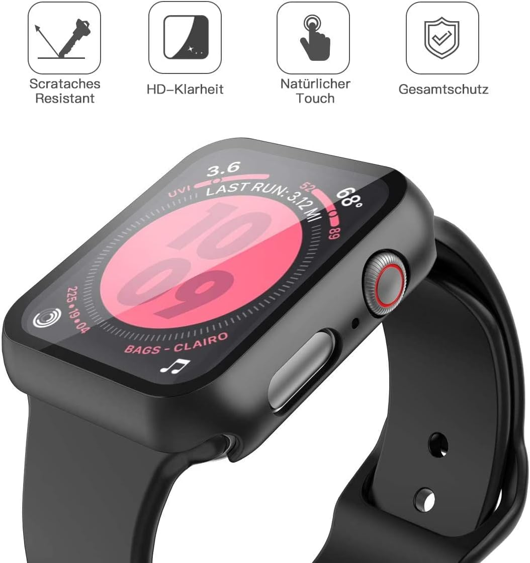 Un reloj inteligente negro con correa negra, mostrando un reloj digital en su cara.