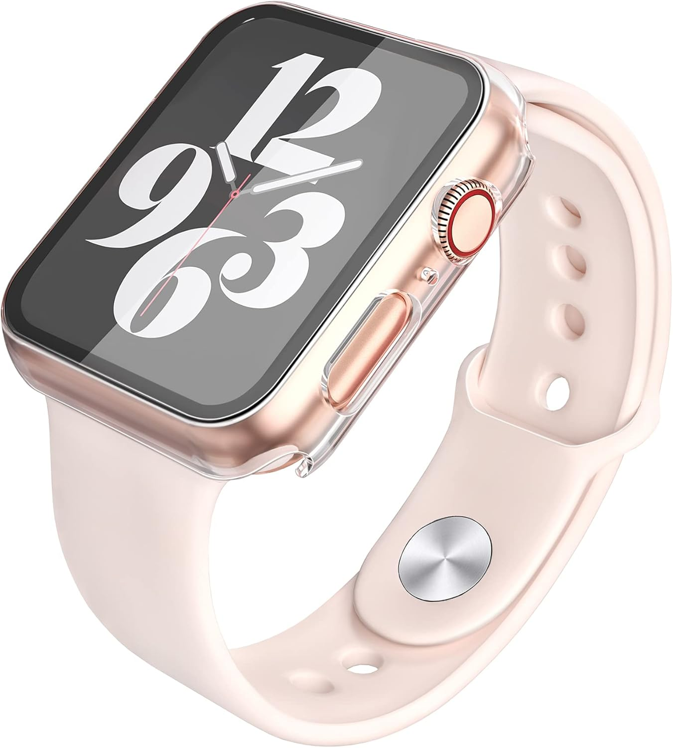 Un reloj inteligente oro rosa con carcasa transparente y correa rosa claro.