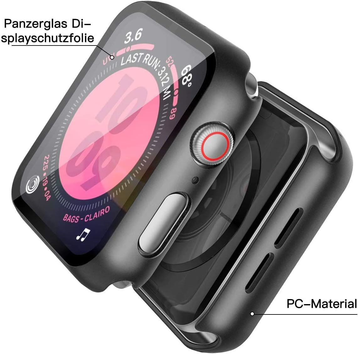 Funda negra para Apple Watch con pantalla y botones laterales.