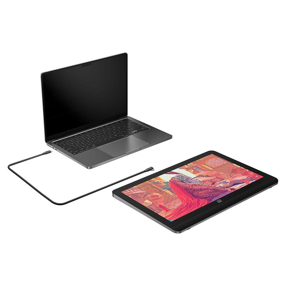 Ein Laptop und ein Zeichentablett sind auf weißem Hintergrund mit Kabeln verbunden.