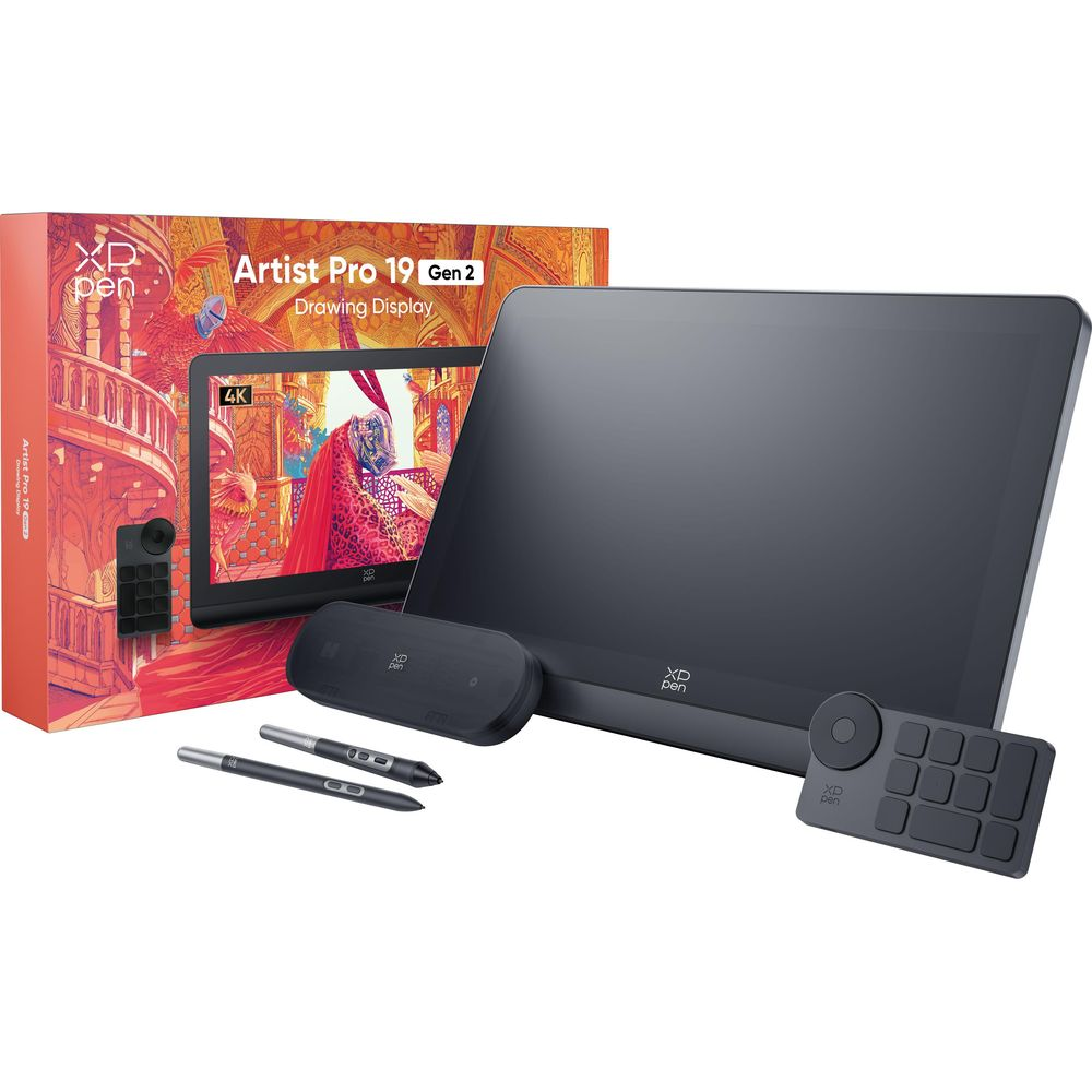 XP Pen Artist Pro 19 Gen 2 Zeichendisplay, zwei Stifte, Fernbedienung und Ständer.