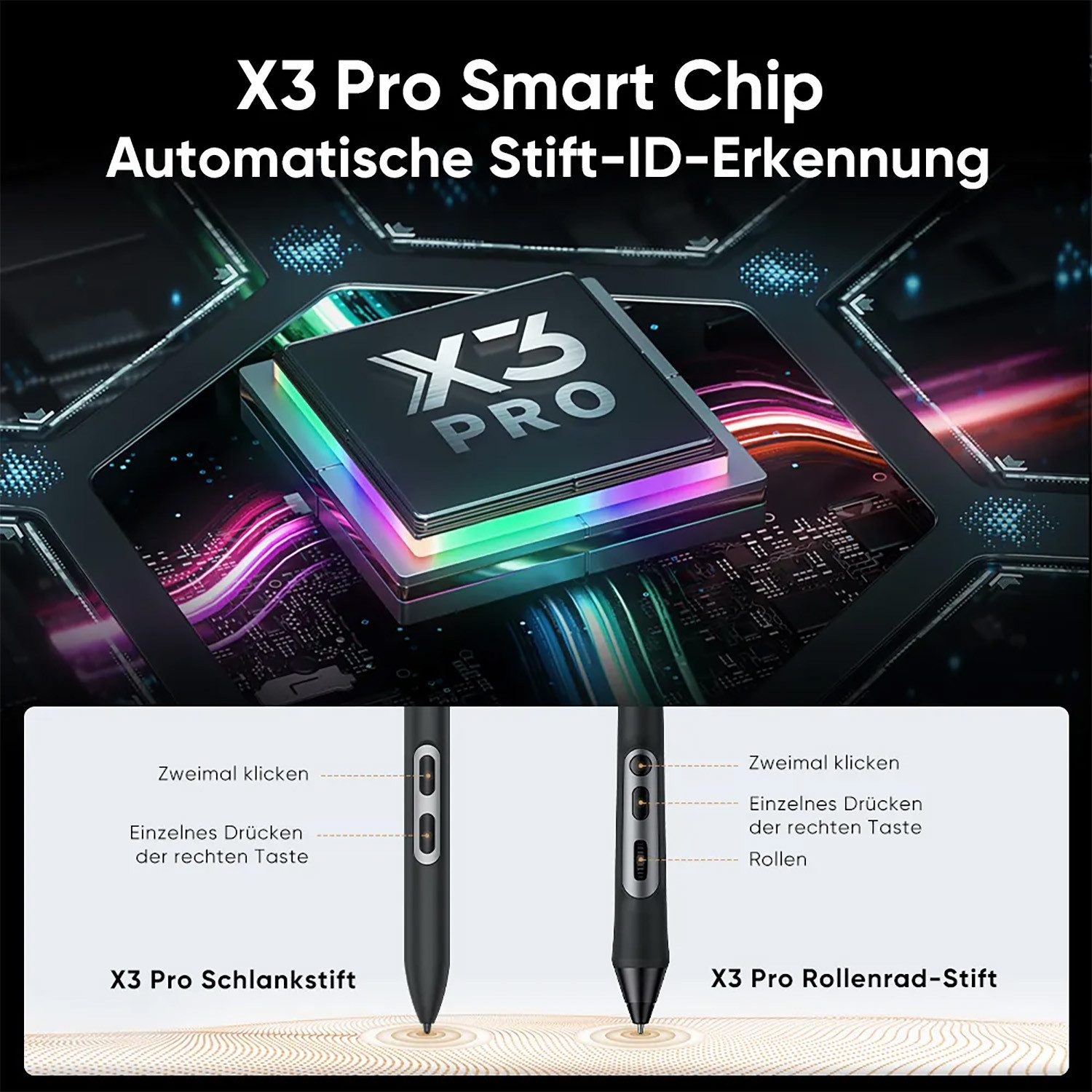X3 Pro Smart Chip mit Stift-ID-Erkennung und zwei Stiften.