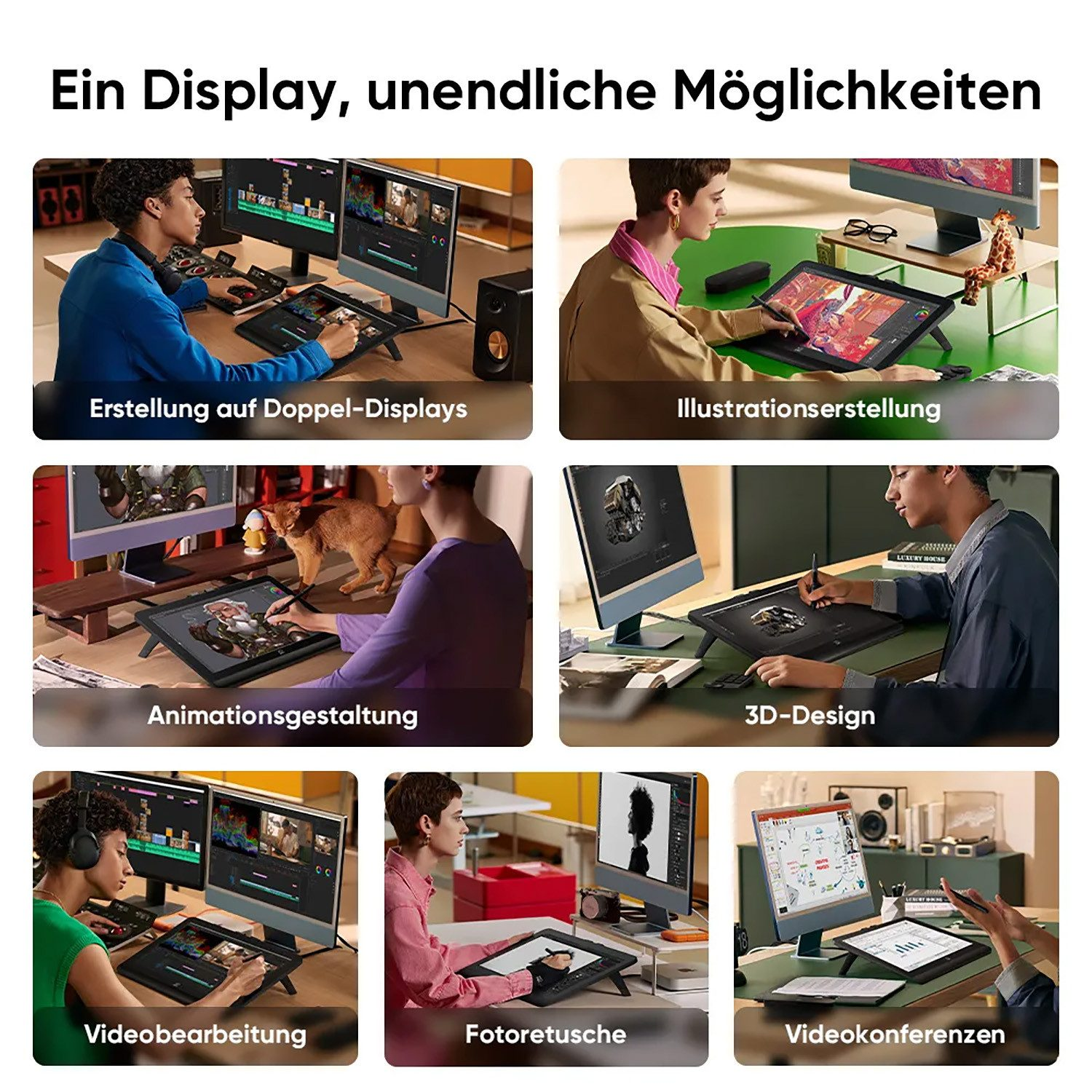 Collage aus 6 Bildern, die zeigen, wie Menschen digitale Displays für Design, Bearbeitung und Videokonferenzen nutzen.