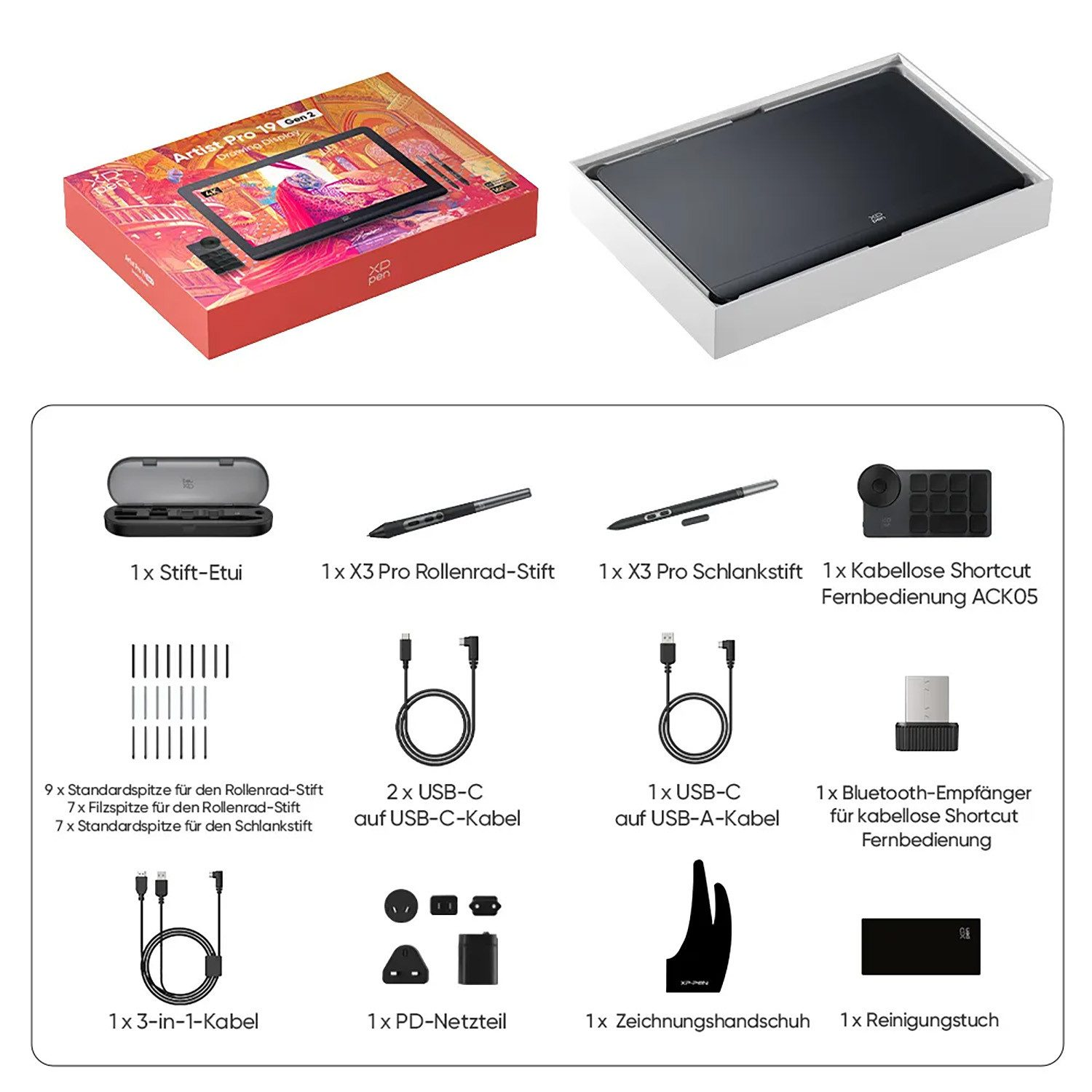 Verpackung und Zubehör für ein Grafiktablett: Stifte, Kabel, Netzteil, Handschuh.
