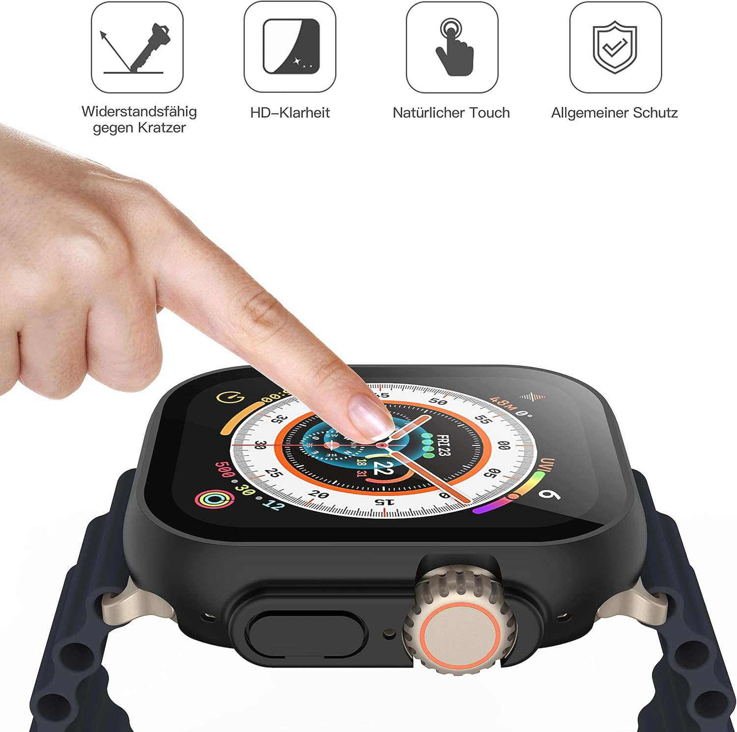 Dedo toca smartwatch con esfera de brújula. Muestra protección contra arañazos, etc.