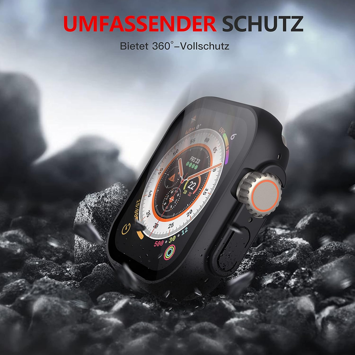 Funda negra para smartwatch con esfera naranja sobre rocas.