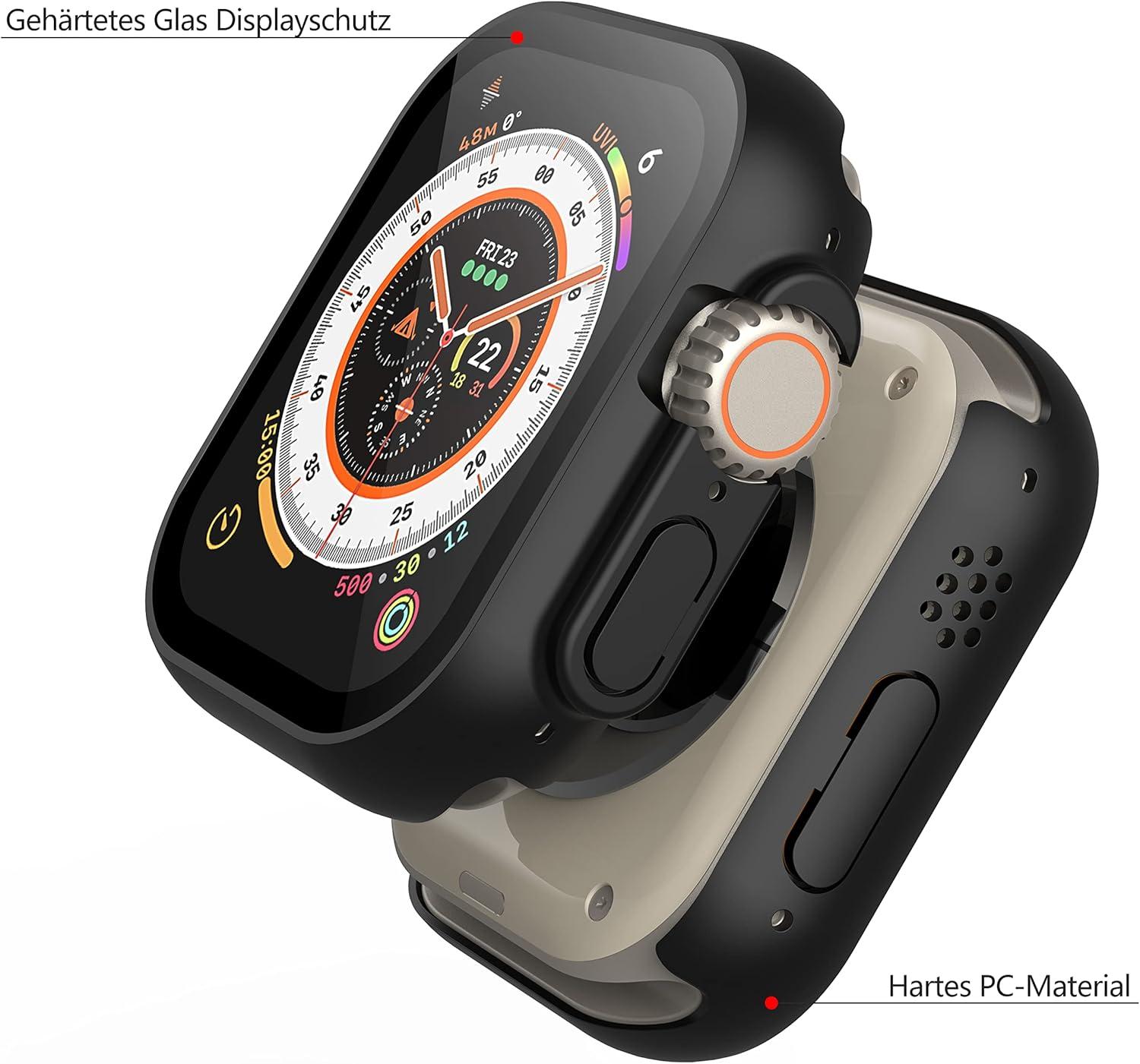 Funda protectora negra para un smartwatch con protector de pantalla de vidrio templado.
