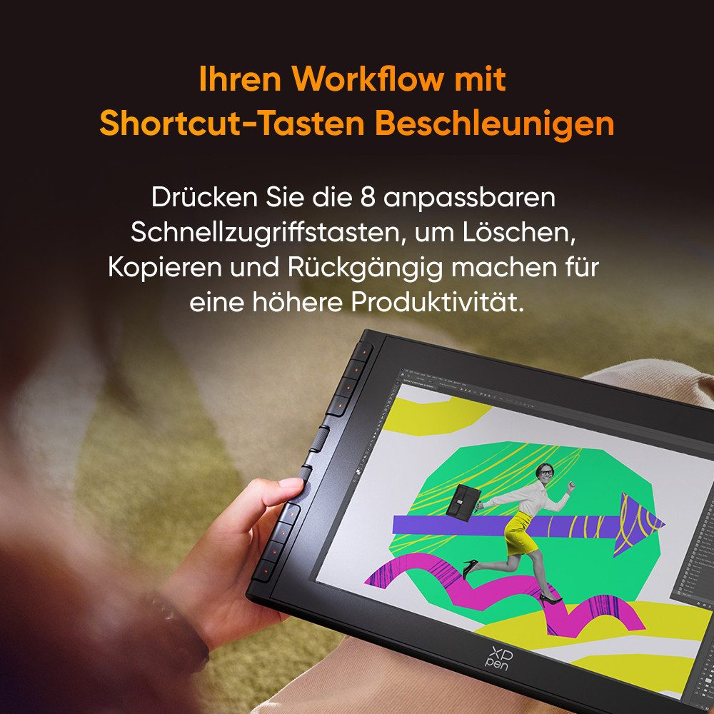 Eine Hand hält ein Grafiktablett mit bunten Formen und einer läufenden Frau.