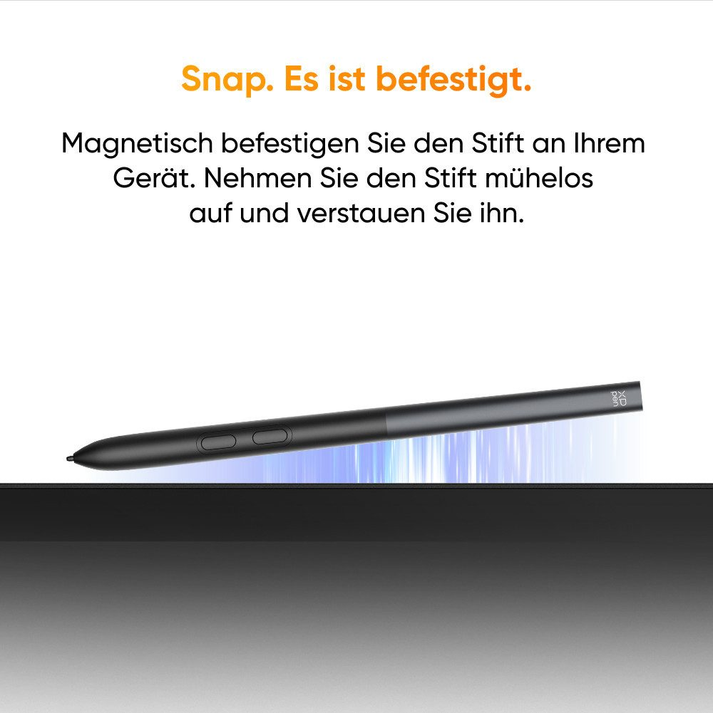 Ein schwarzer Eingabestift liegt magnetisch auf einem dunklen Gerät.