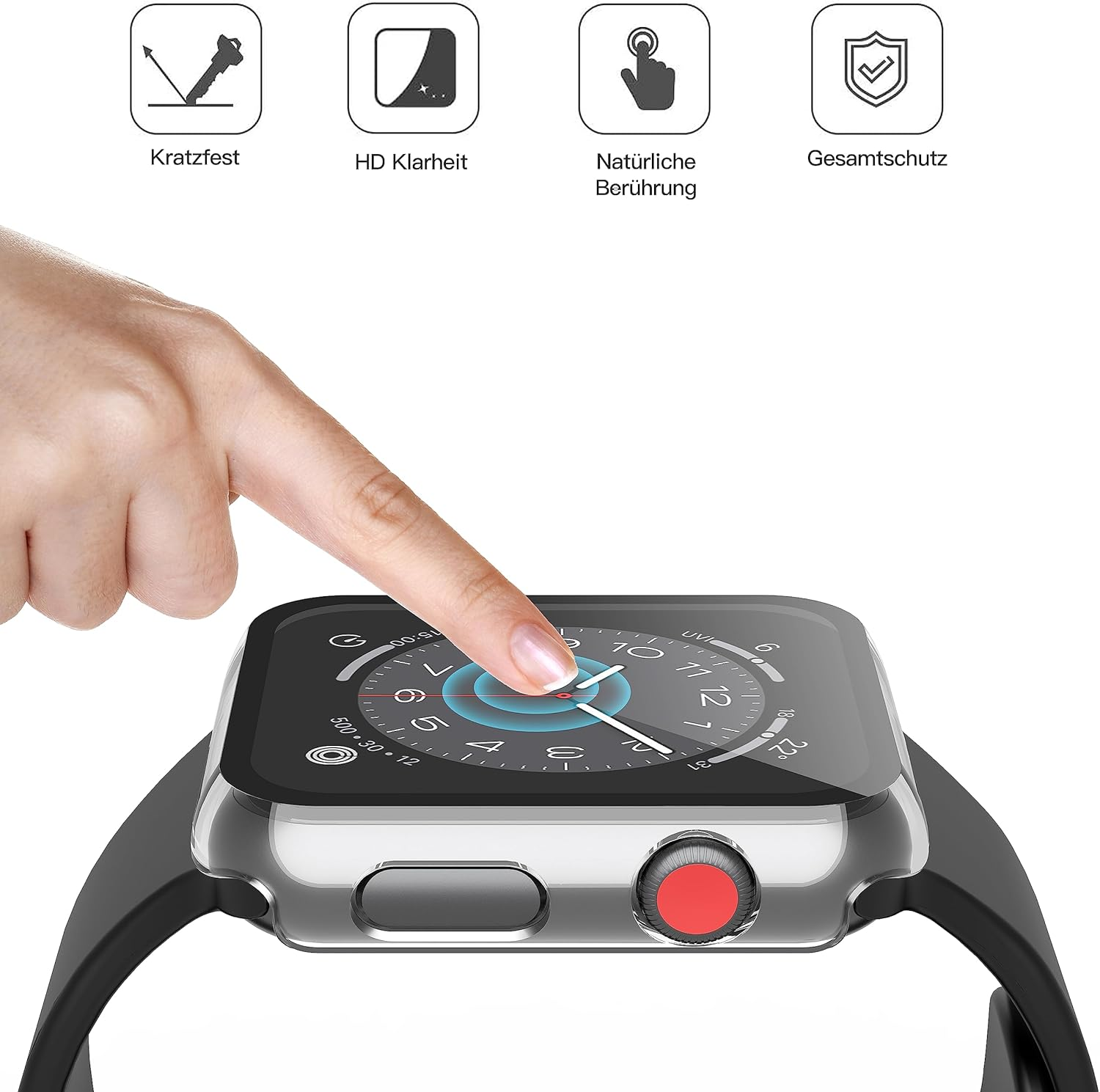 Una mano toca la pantalla de un smartwatch con protector transparente.