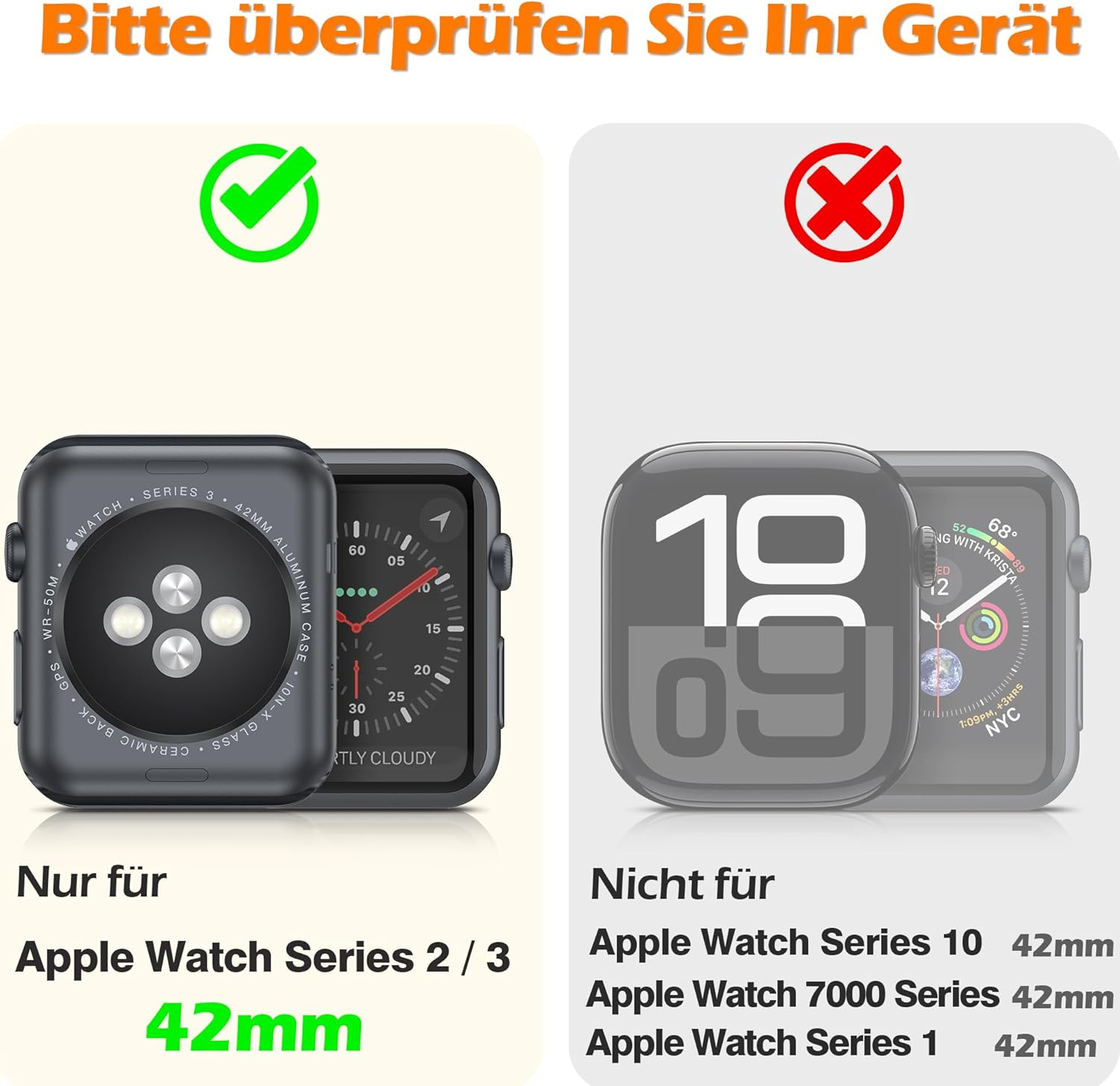 Comparación de modelos de Apple Watch: Serie 2/3 (42mm) compatible, Serie 10/7000/1 no.