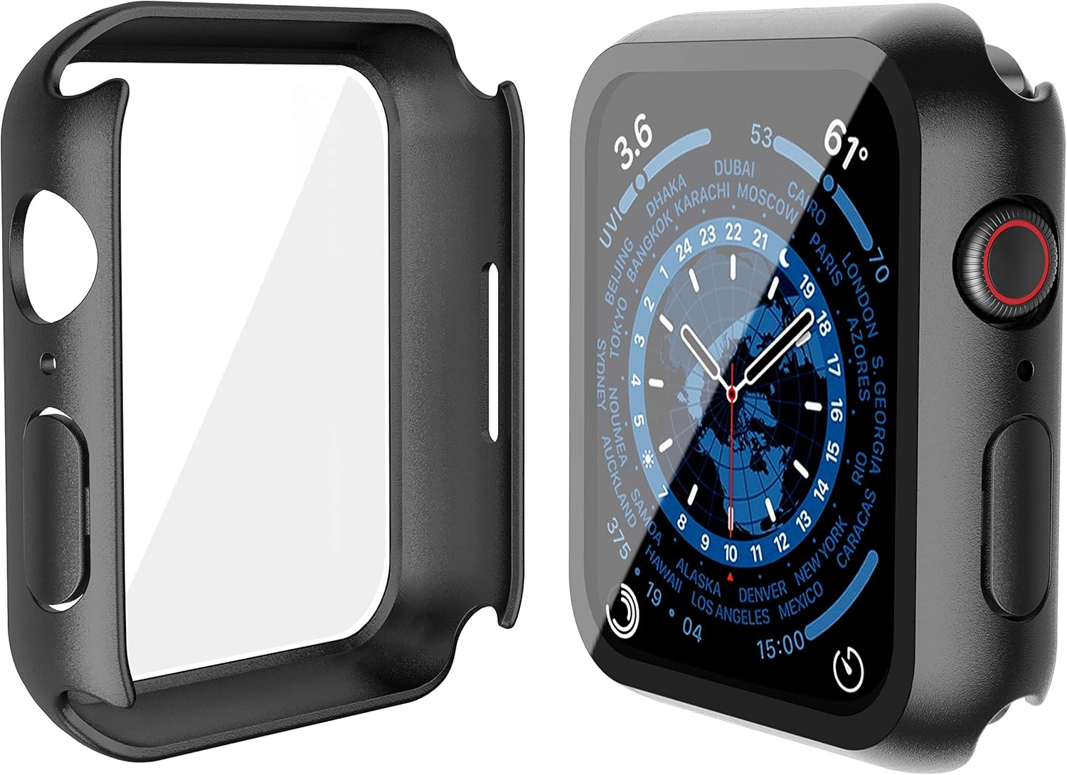 Funda protectora negra para smartwatch con pantalla de hora mundial en la esfera.