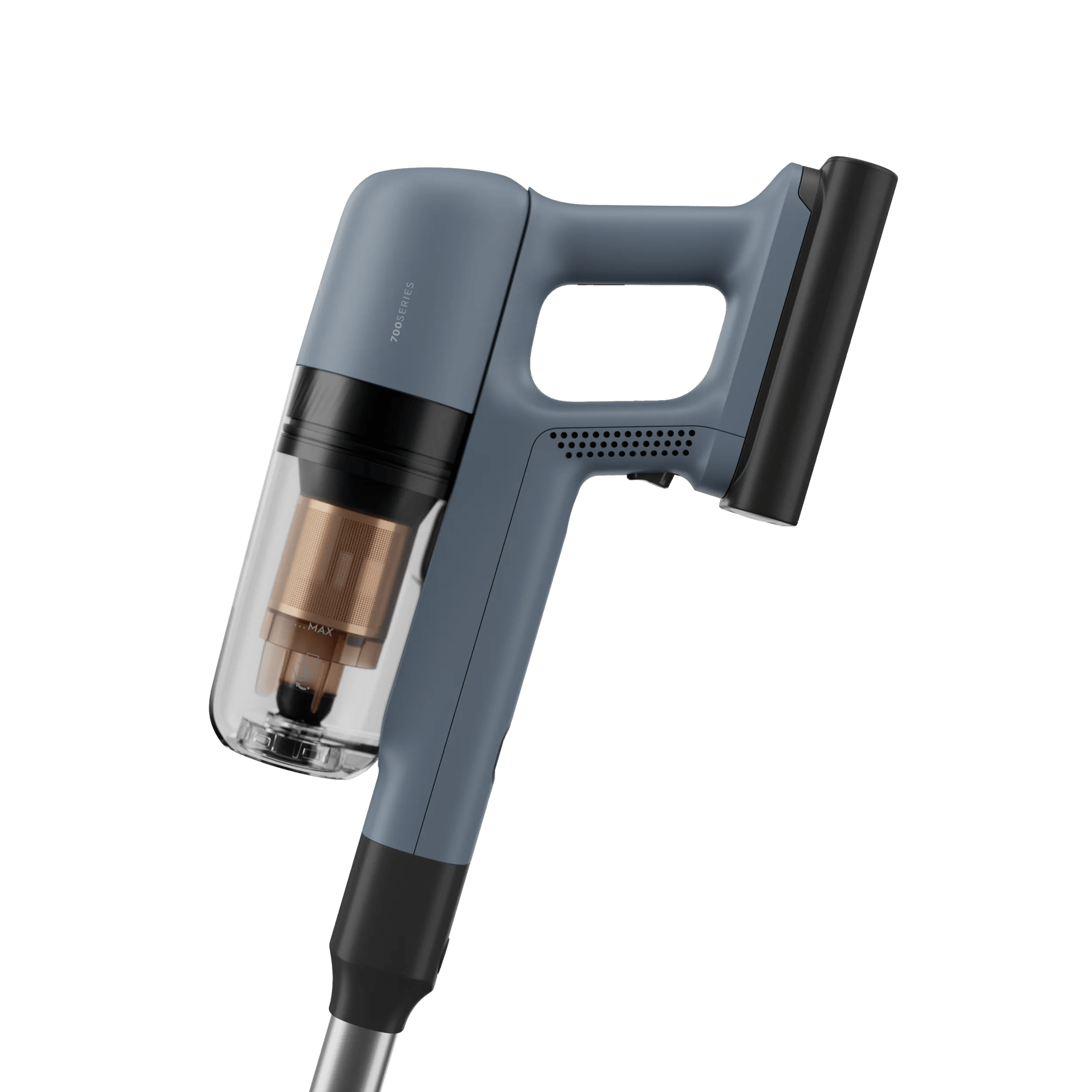 Aspirapolvere portatile grigio con contenitore trasparente e filtro in rame.