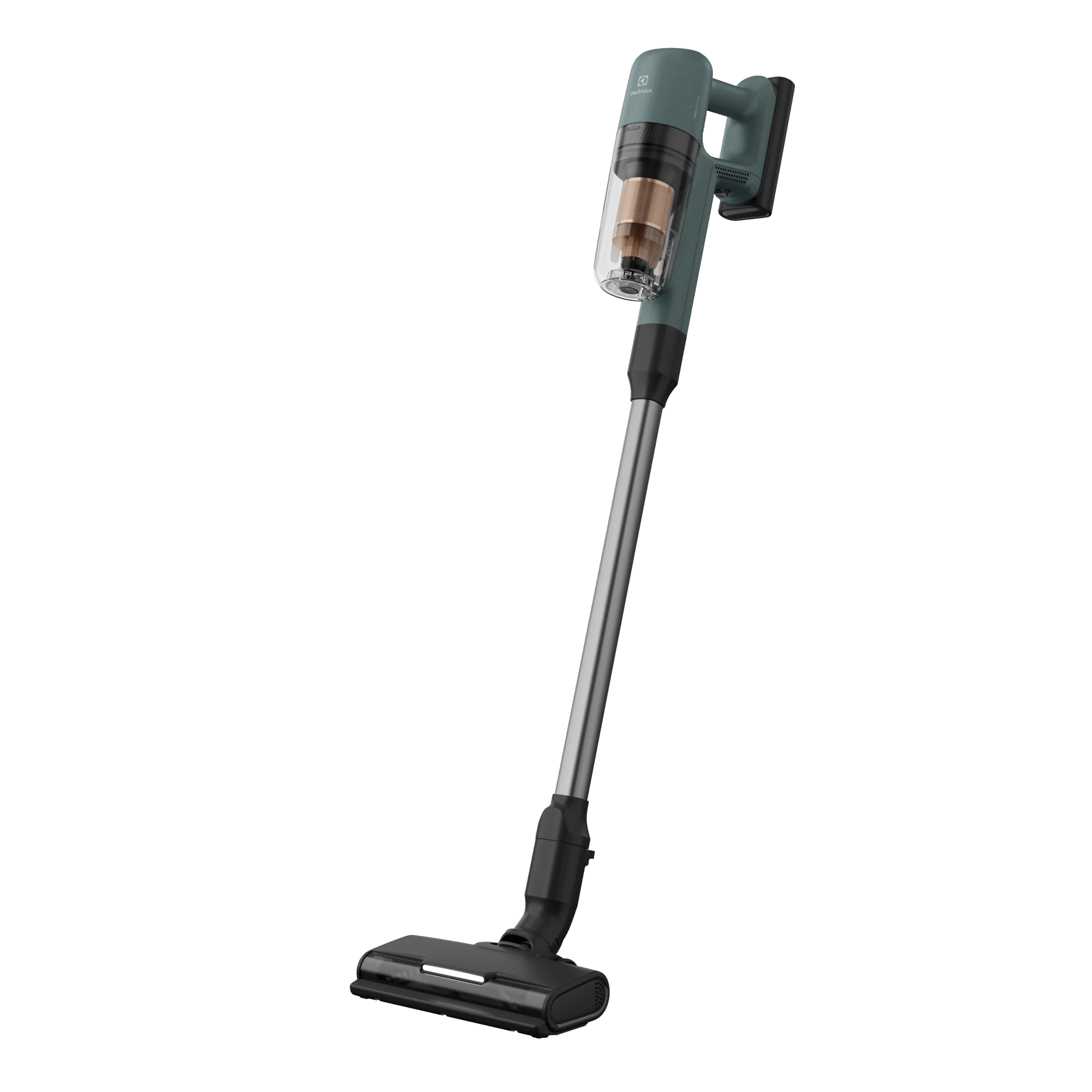 Un aspirapolvere senza fili verde con tubo argentato e base nera.
