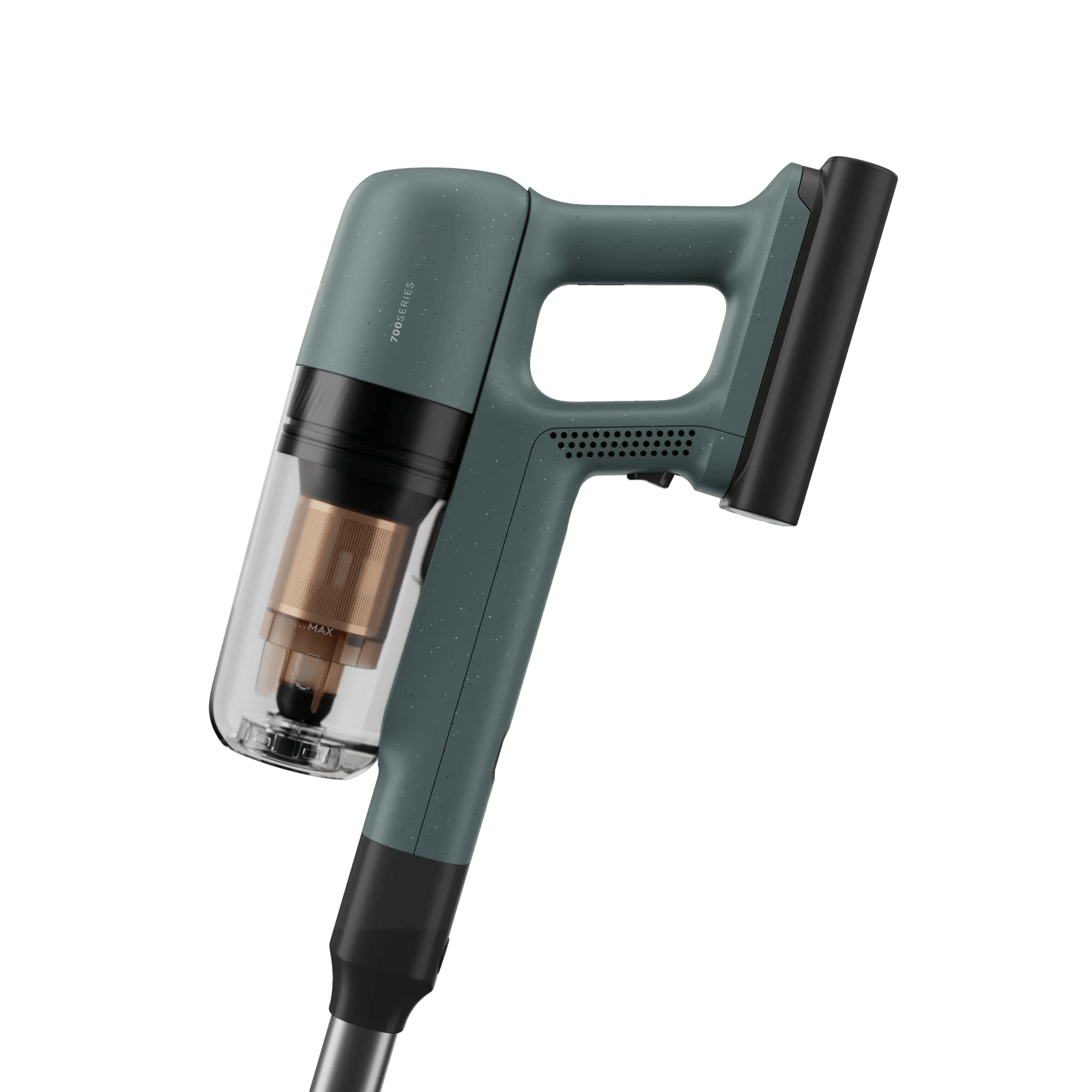 Aspirapolvere portatile grigio con contenitore trasparente e filtro in rame.