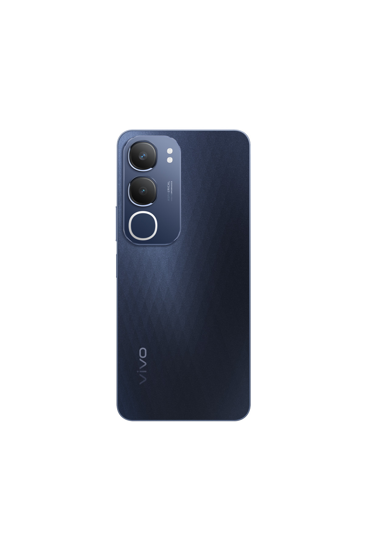 Üç kameralı, arkasında "VIVO" logosu bulunan lacivert akıllı telefon.