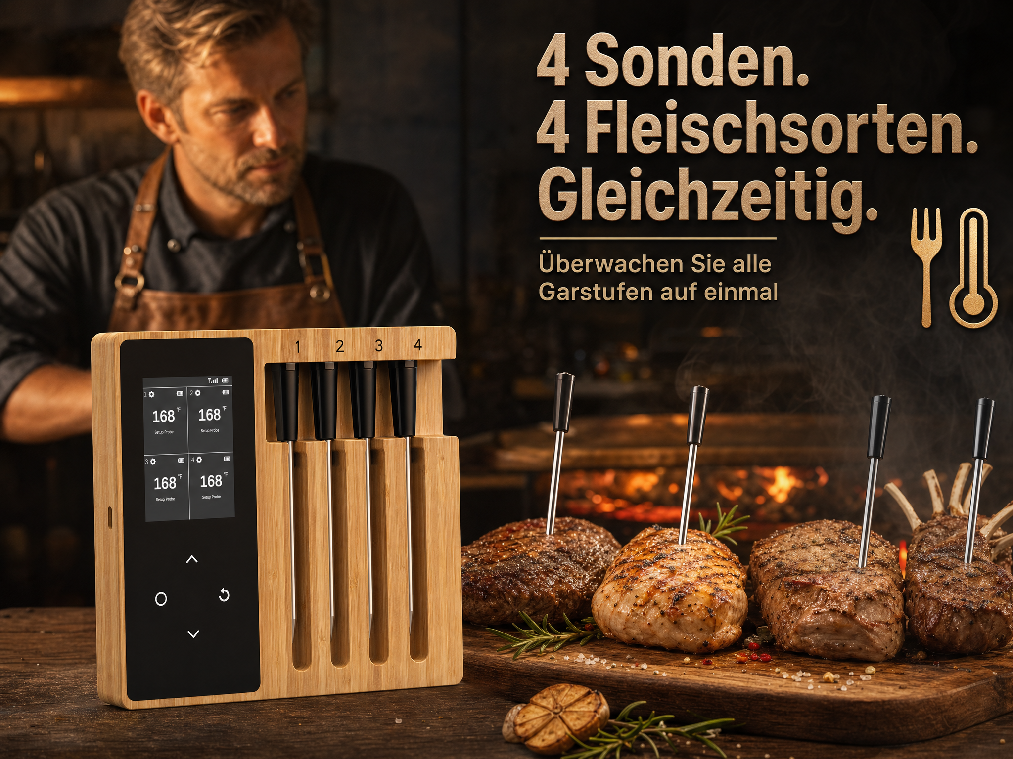 Ein Mann mit Schürze und ein Fleischthermometer-Set mit Fleisch auf einem Brett.