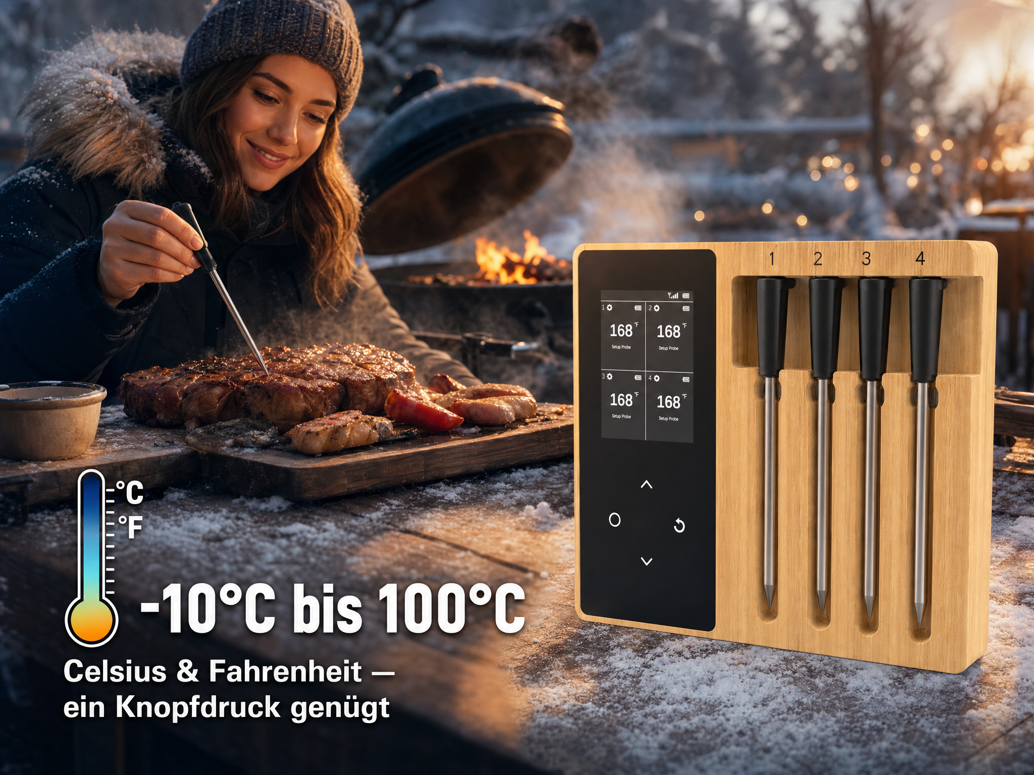 Frau prüft Fleisch am Grill, daneben ein Thermometer mit vier Sonden.