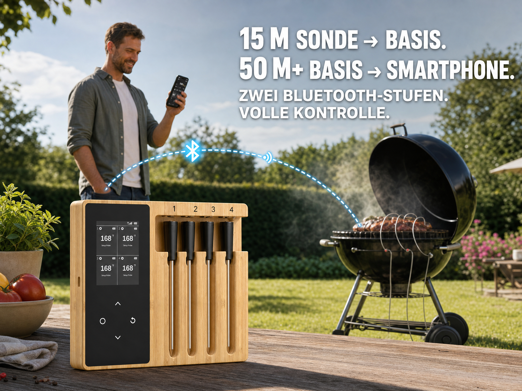 Mann mit Smartphone am Grill. Messsonde mit Basis und Smartphone verbunden.