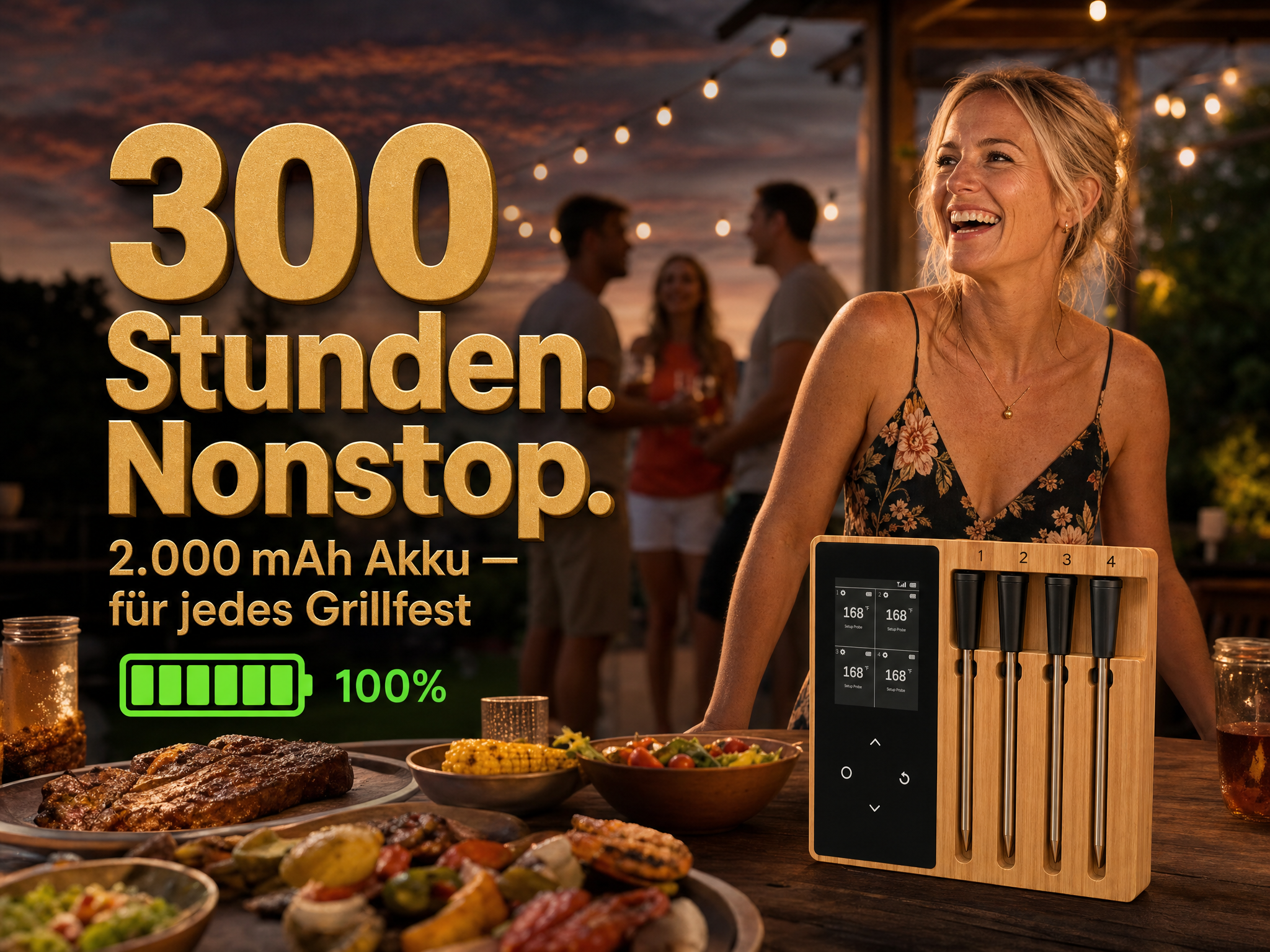 Grillparty mit Freunden, Essen und einem Akku-Thermometer.