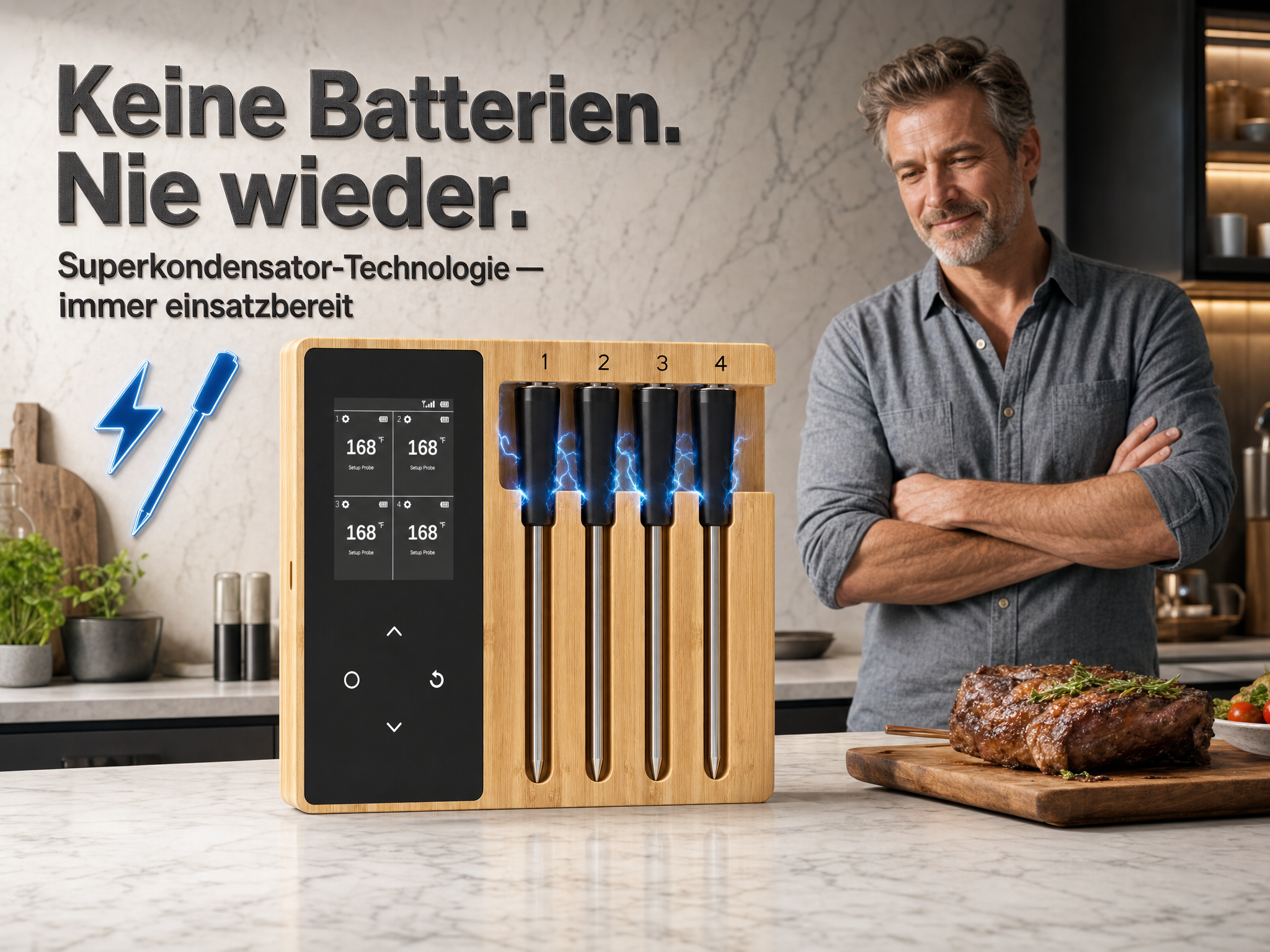 Ein Mann steht neben einem Fleischthermometer-Set. Ohne Batterien.