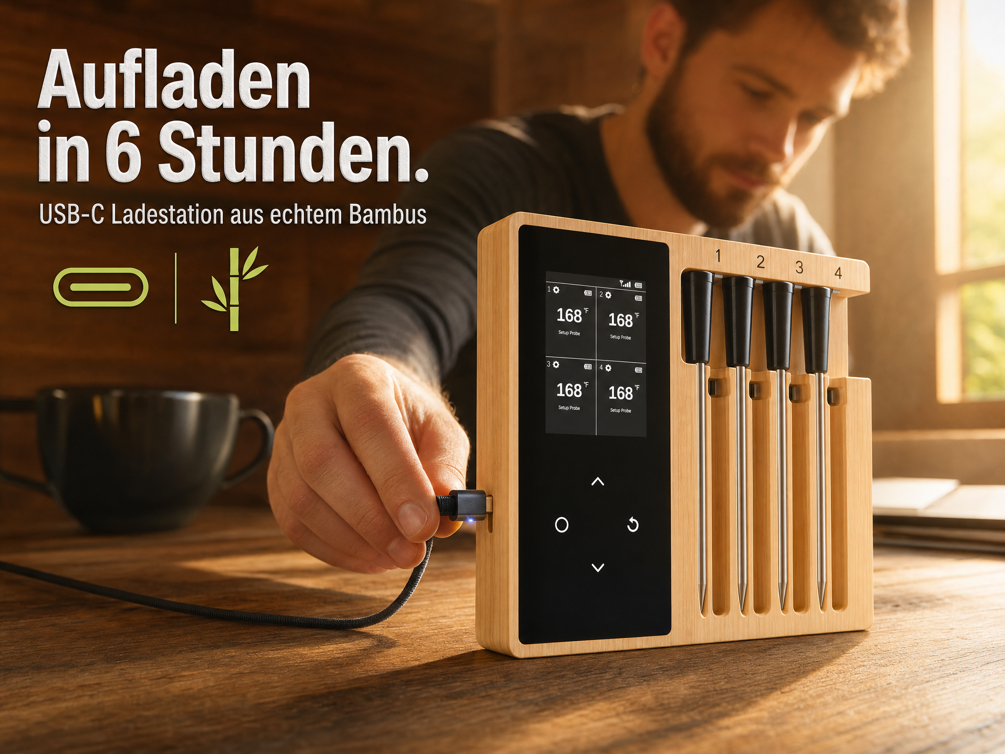 Mann schließt USB-C Kabel an Bambus-Ladestation für Fleischthermometer an.