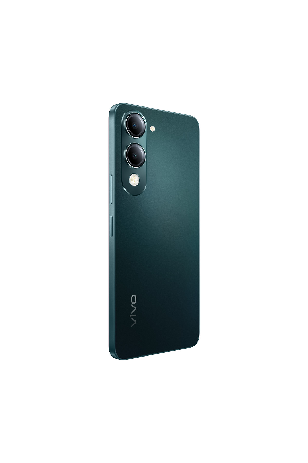 Koyu teal rengi akıllı telefon, çift kamera ve flaşlı, beyaz zeminde arkadan soldan görünüş.