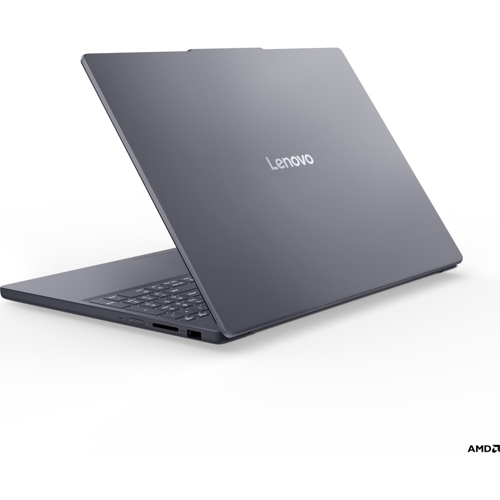 Beyaz arka plan üzerinde klavyeli ve AMD logolu gri Lenovo dizüstü bilgisayar.