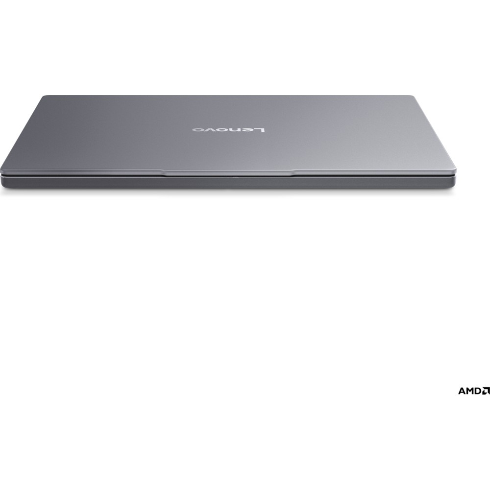 Lenovo logolu kapalı gri dizüstü bilgisayar, beyaz arka plan, sağ altta AMD logosu.