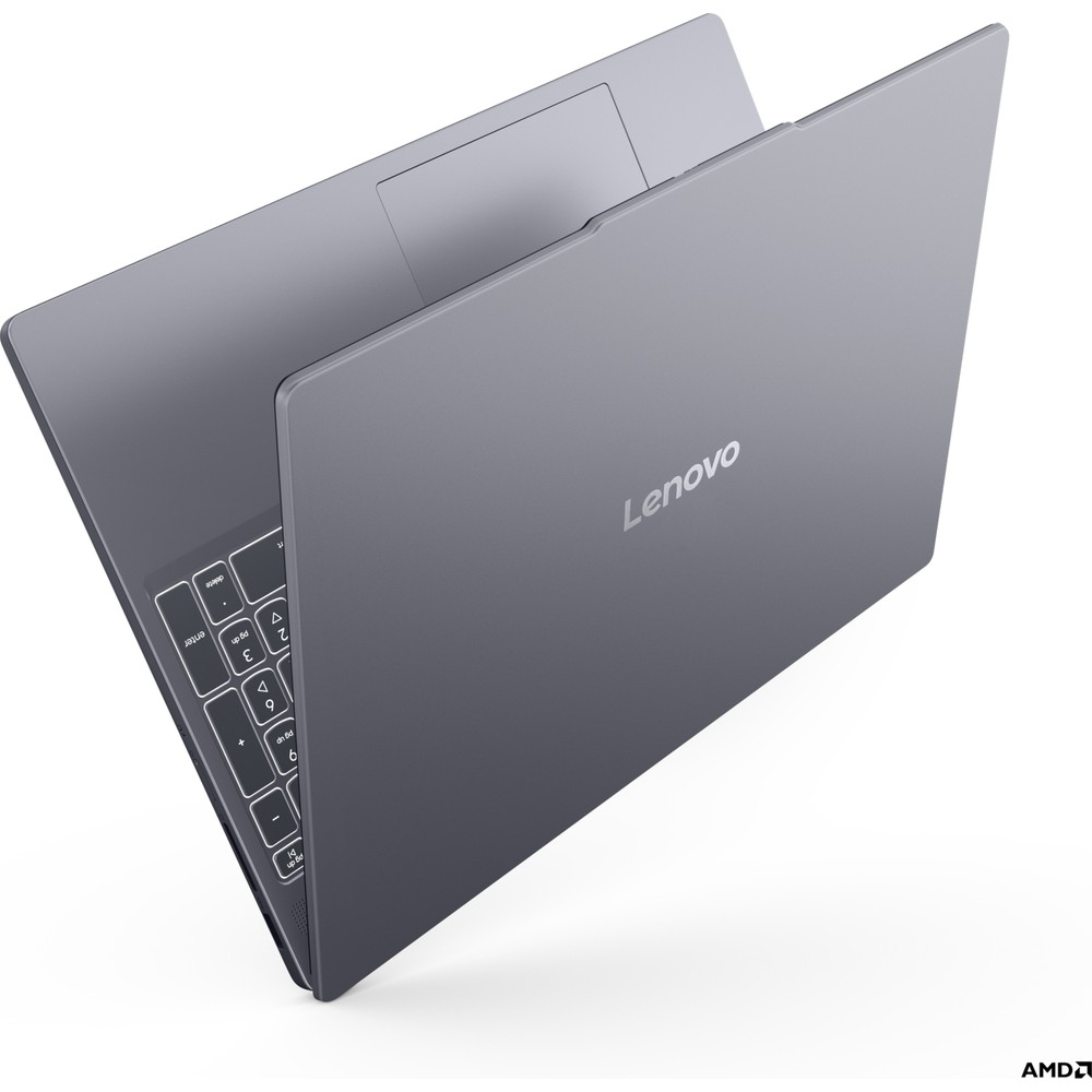 Gri Lenovo dizüstü bilgisayar, yarı açık, klavye ve dokunmatik yüzey görünüyor.