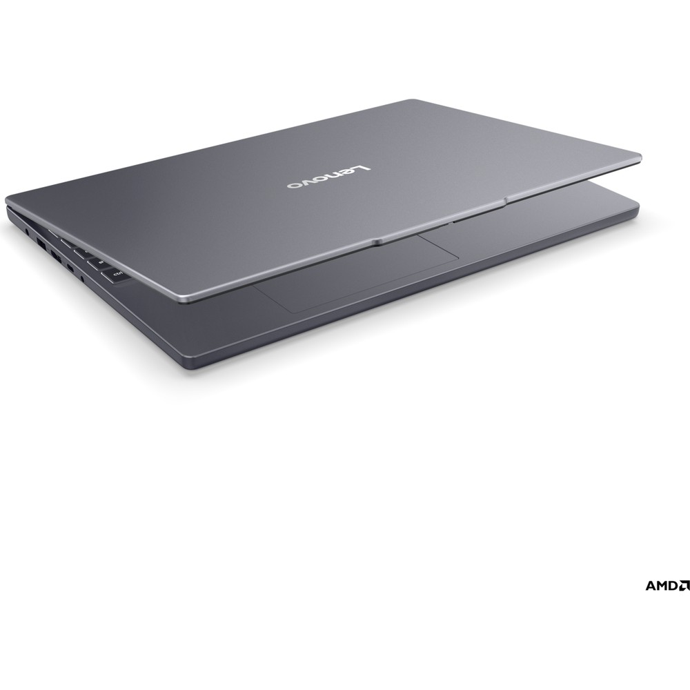 Arkadan aydınlatmalı klavyesi ve dokunmatik yüzeyi görünen kapalı, gri Lenovo dizüstü.