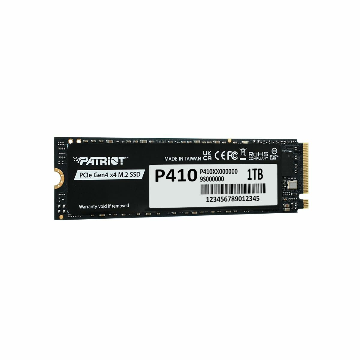 SSD M.2 negra con logo Patriot, PCIe Gen4 x4, 1TB de capacidad y número de serie.
