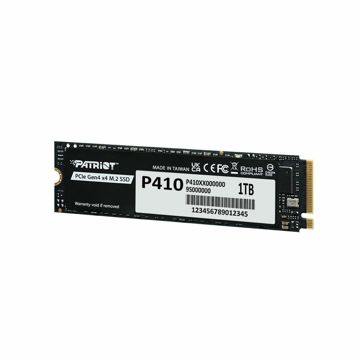 Un SSD Patriot PCIe Gen4 x4 M.2 de 1TB con número de serie sobre fondo blanco.