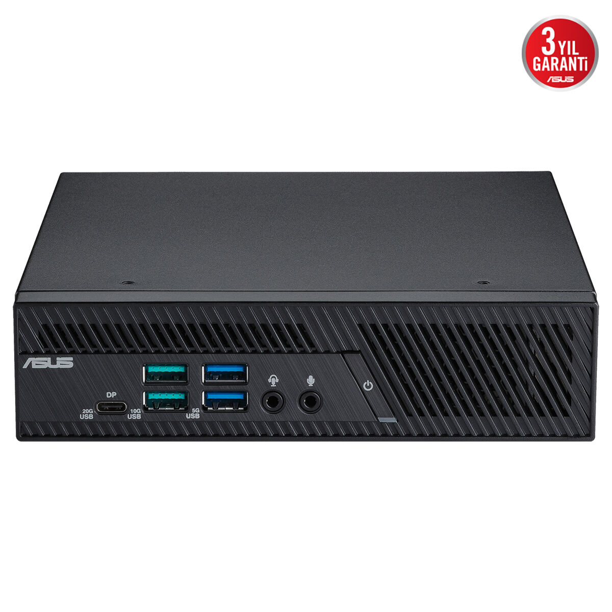 3 yıl garantili ASUS mini PC, ön panelde çeşitli USB portları bulunur.