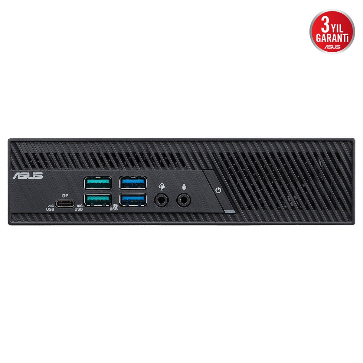USB, DP ve ses bağlantı noktalarına sahip siyah ASUS mini PC. Kırmızı-altın 3 yıl garanti mührü.