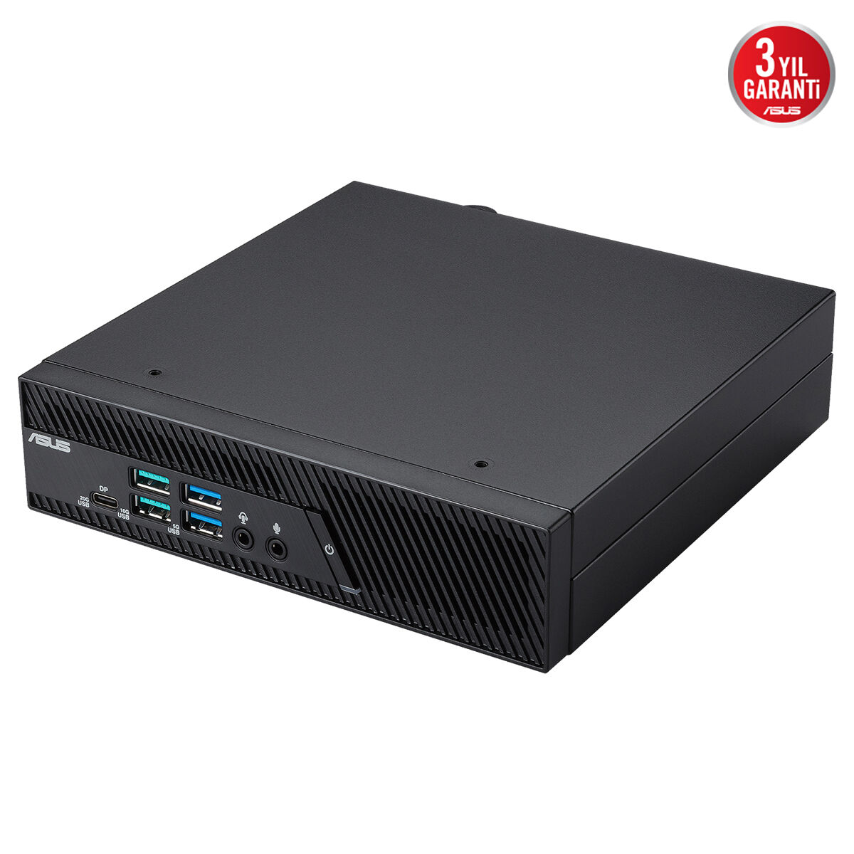 Ön USB ve ses bağlantı noktalarına sahip siyah ASUS mini PC. Sağ üstte 3 yıl garanti.