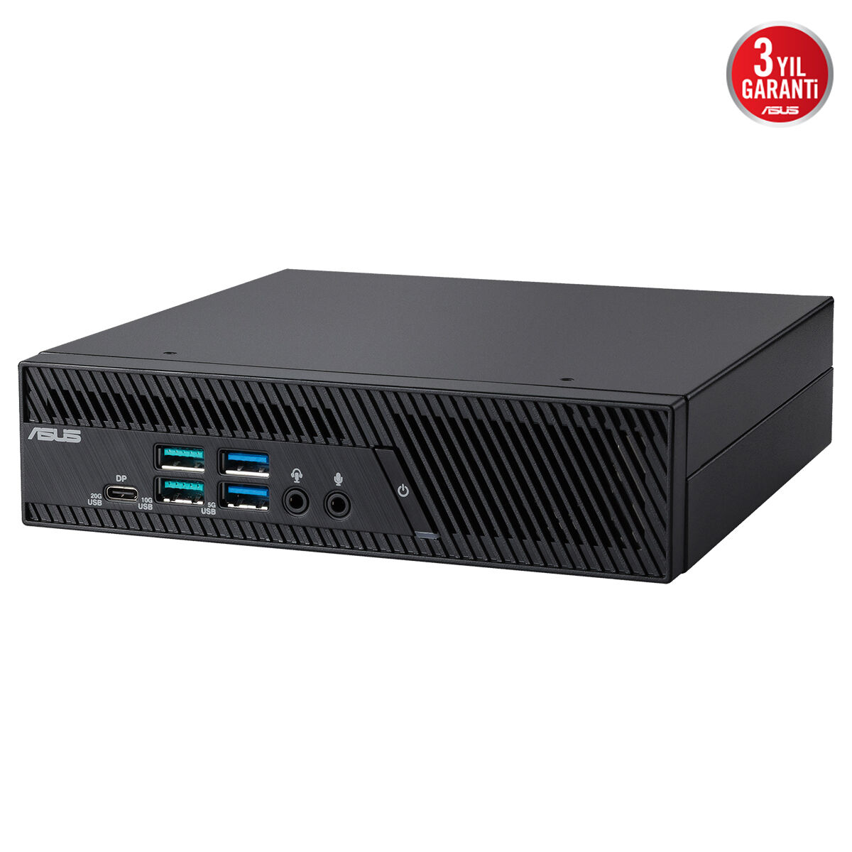 Bağlantı noktaları ve garanti logosu olan siyah ASUS mini PC.